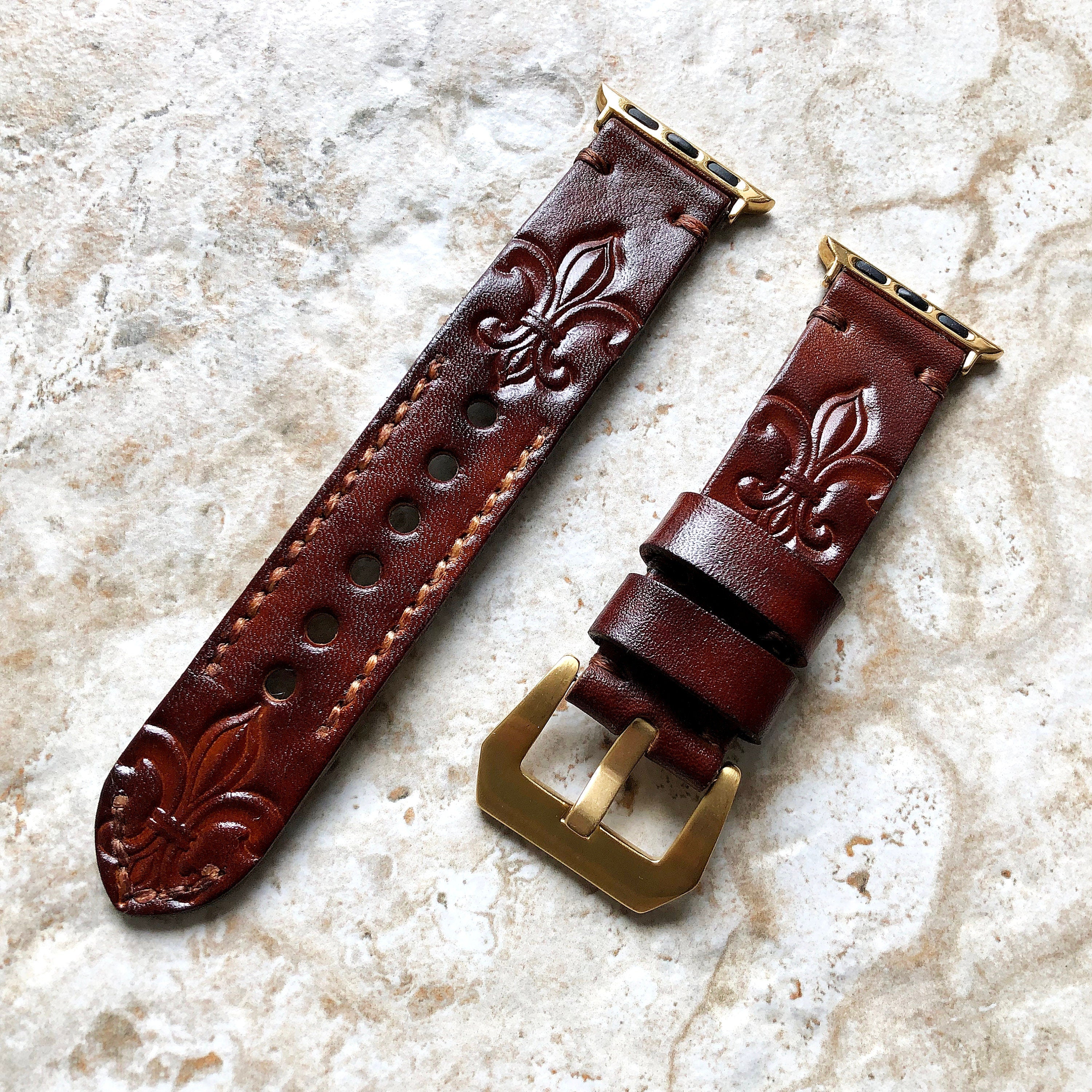 Fleur De Lis Band 22mm 24mm 25mm Genuine Real Leather Compatible with Apple Watch Fitbit Versa 2 3 4 Sense 2 Ionic Tooled Embossed Strap